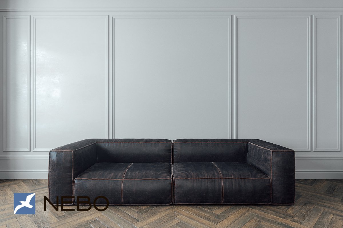 Большой глубокий диван для гостиной с линзованными сидениями в оригинальной обивке с эффектом потертости