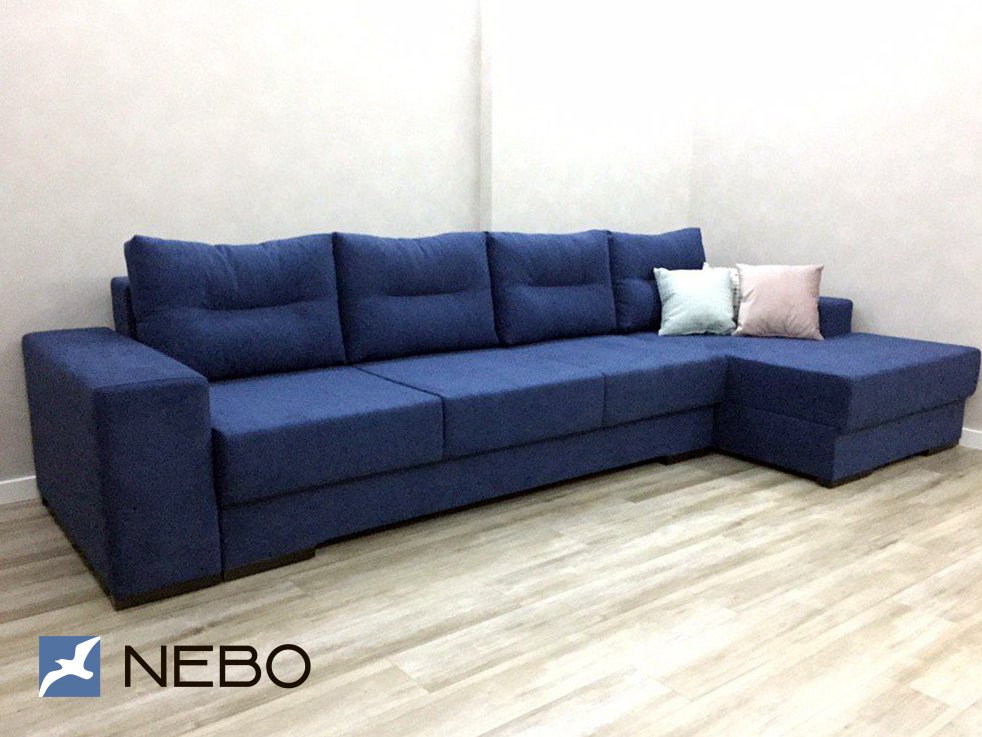 Большой угловой синий диван с раскладкой Еврокнига для каждодневного использования 