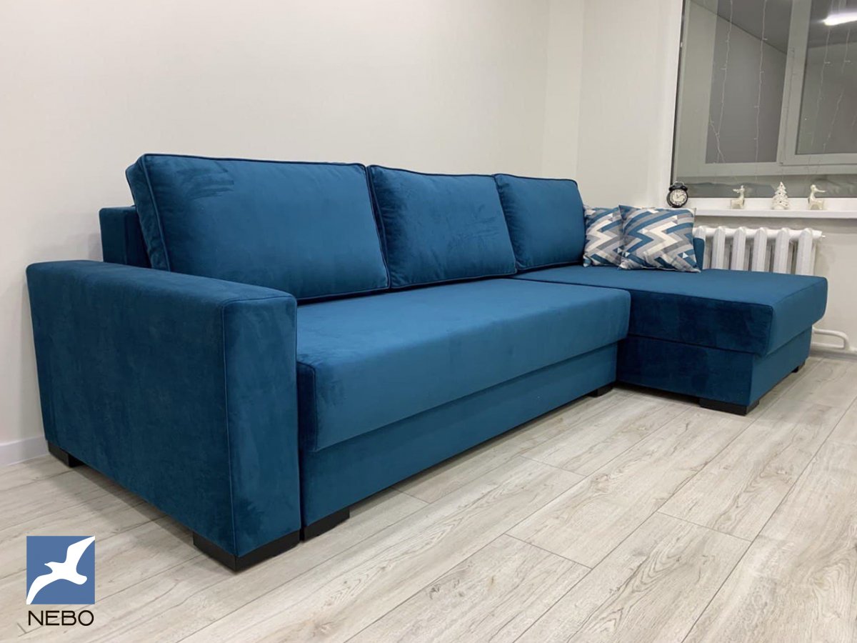 Стильный синий угловой диван в раскладке Еврокнига с двумя ящиками для белья со спальным место 230*160 см