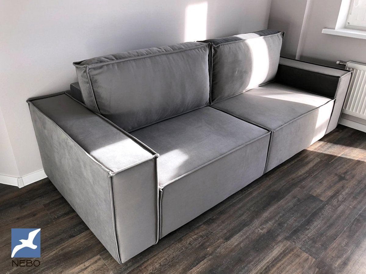 Серый диван в стиле Лофт в ткани велюр и системой раскладки Тик-так