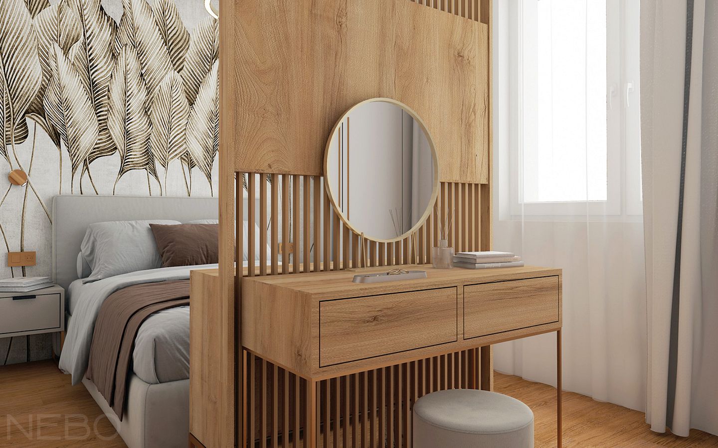 Реечная перегородка у кровати в спальне, совмещенная с консольным столиком