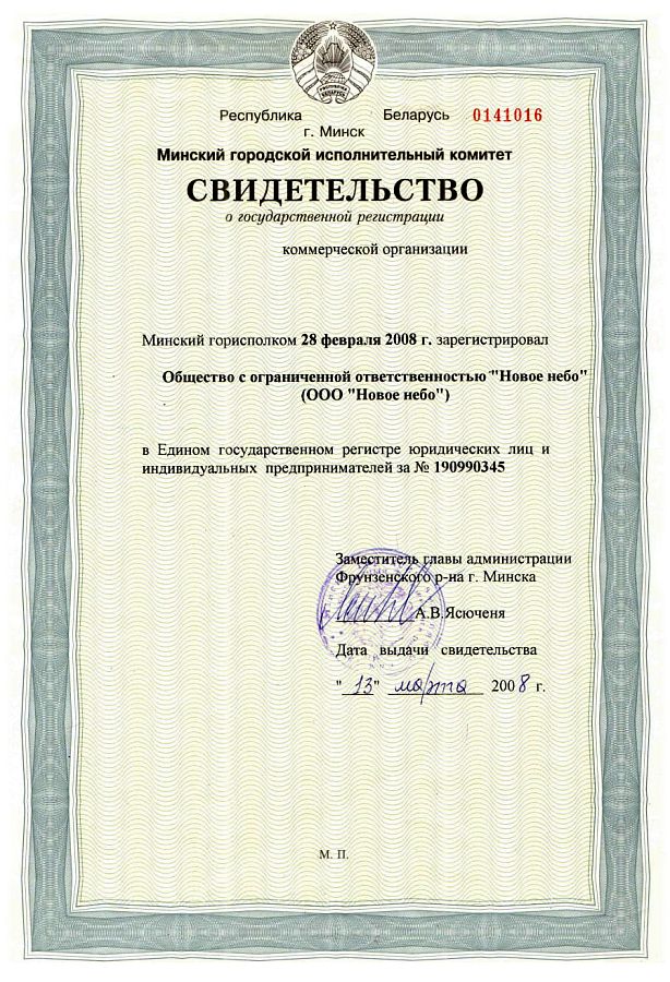 Свидетельство о государственной регистрации ООО «Новое небо» от 2008 г.