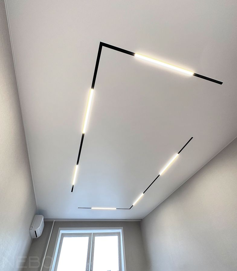 Натяжной потолок со светильниками на магнитной трековой системе и скрытым карнизом в гостиную