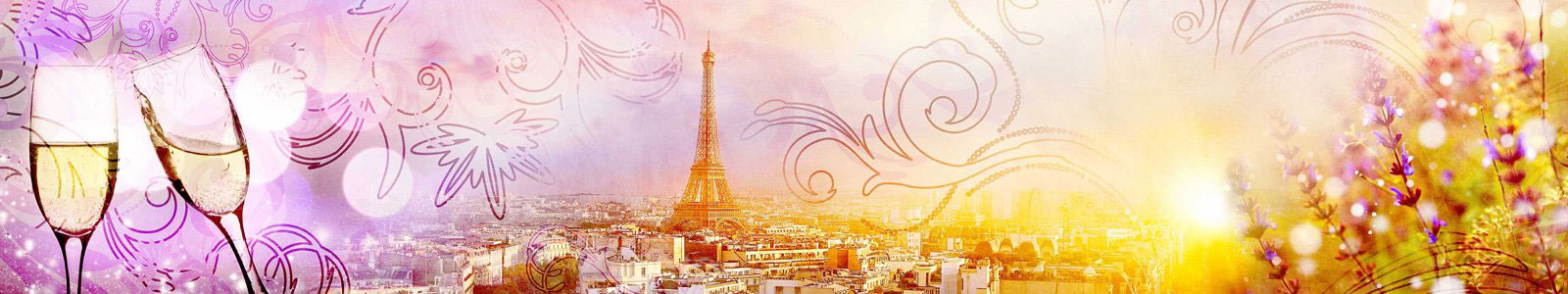 №6378 - Коллаж панорамы Парижа с бокалами шампанского и лавандой