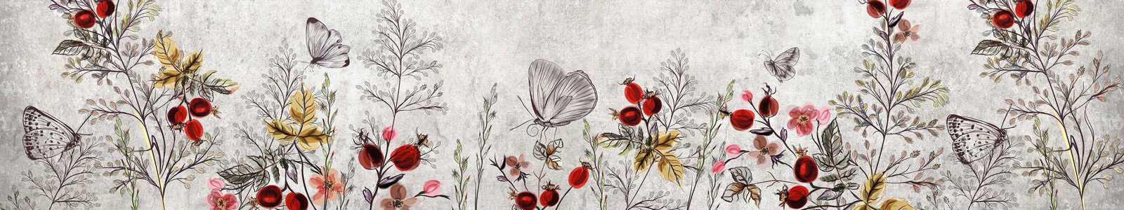 №6641 - Полевые цветы с бабочками в графическом исполнении на сером фоне