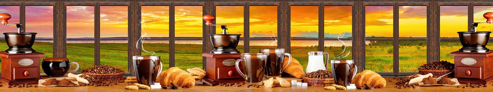 №6775 - Свежий кофе и круассаны на столе с видом на закат
