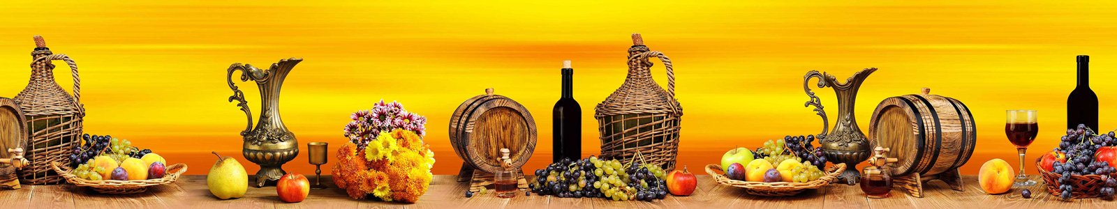 №6903 - Фрукты и вино на столе на оранжевом фоне