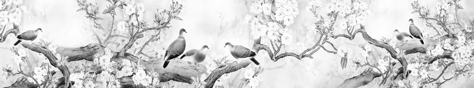 №7421 - Черно-белый рисунок птичек на ветках цветущих деревьев