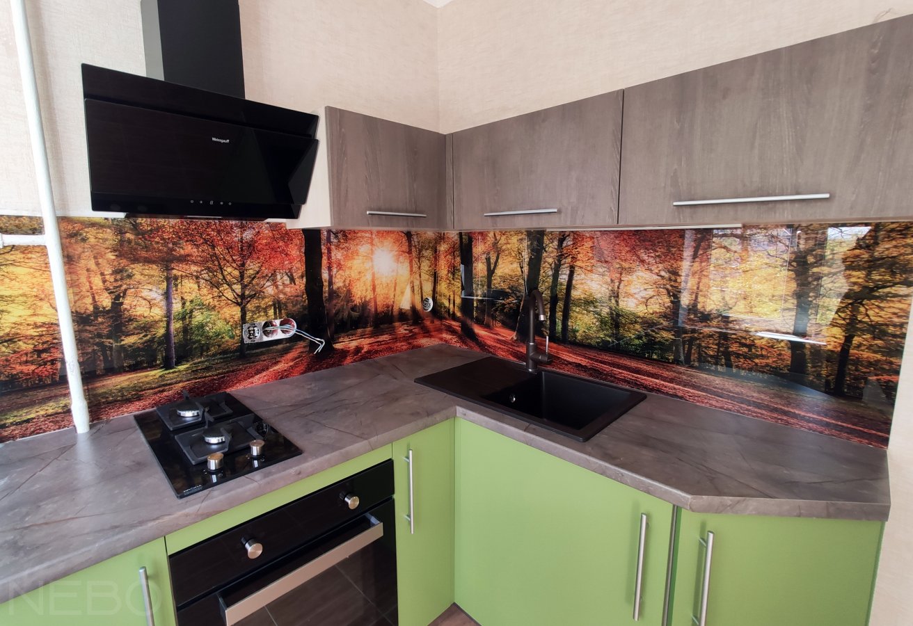 Декоративная кухонная панель из закаленного стекла с фотопечатью осеннего утреннего леса
