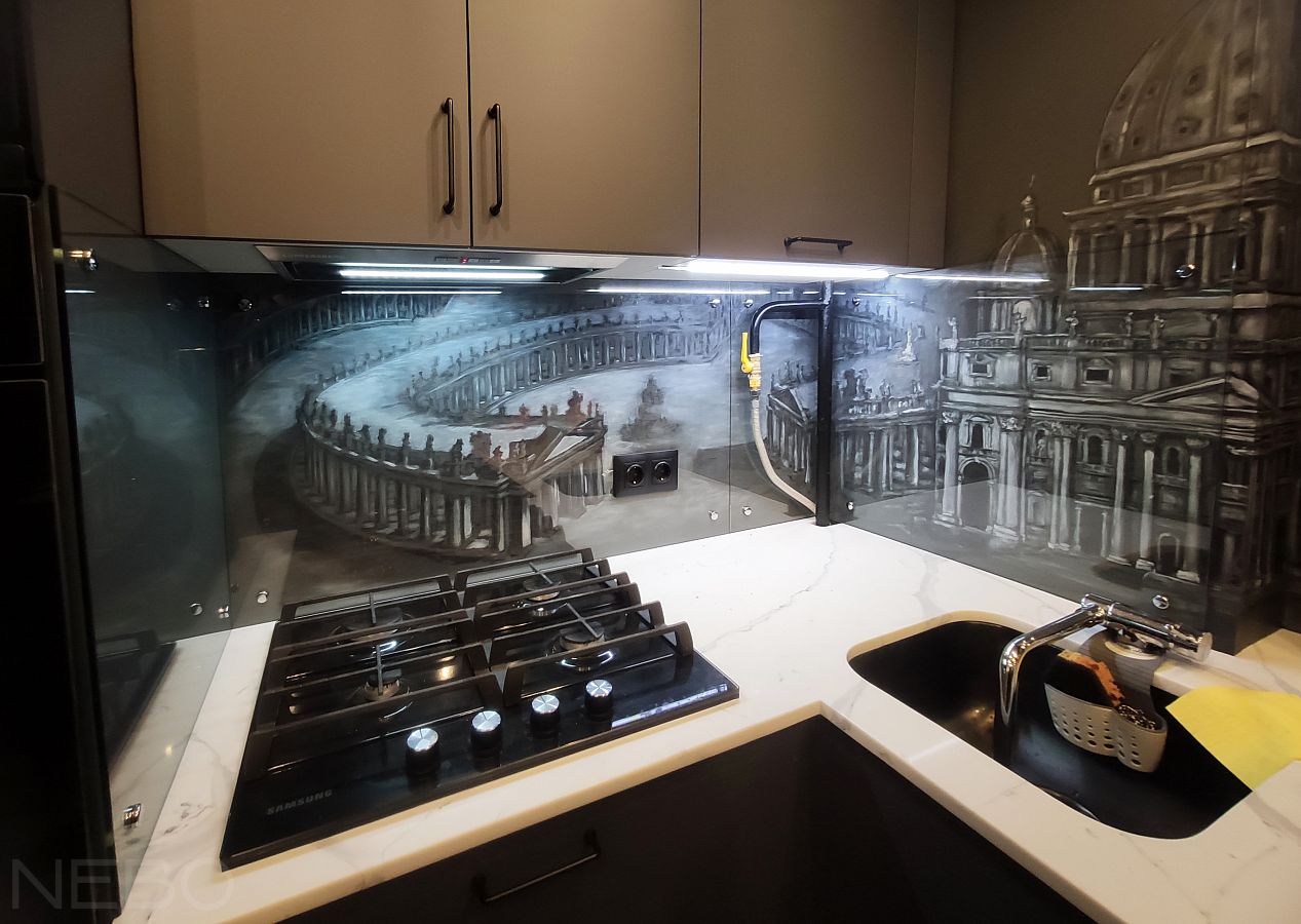 Прозрачные закаленные стекла для защиты фартука кухни с фотообоями