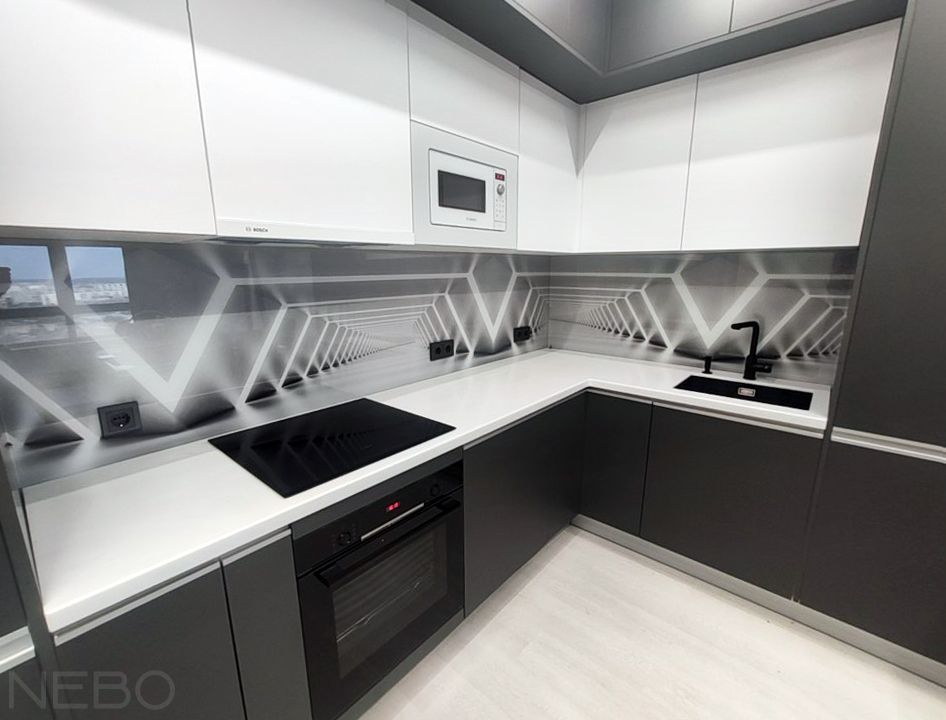 Стеклянный фартук для кухни с фотопечатью уходящих в даль туннелей с подсветкой