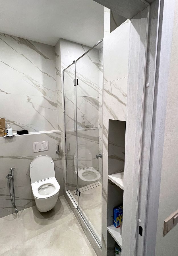 Прямая душевая перегородка из стекла с дверью в нишу в ванной