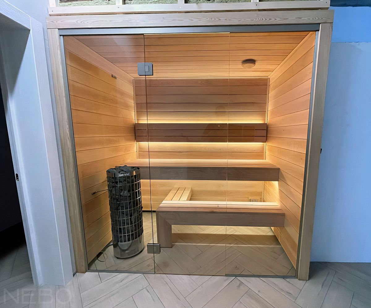 Стеклянная перегородка с дверью для домашней сауны с электрокаменкой