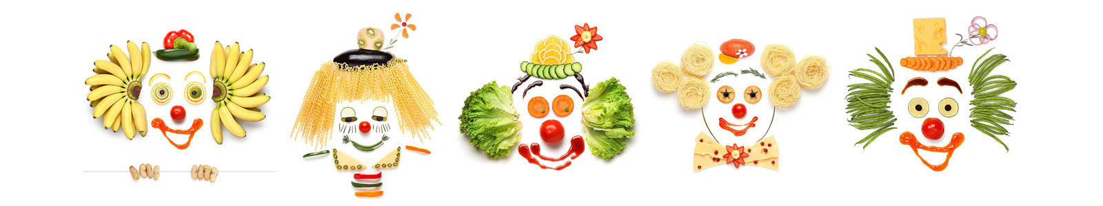 №2647 - Улыбающиеся клоуны из овощей и фруктов на белом фоне