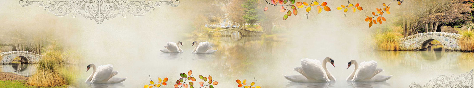 №4500 - Осенний фон с лебедями в саду с каменным мостом