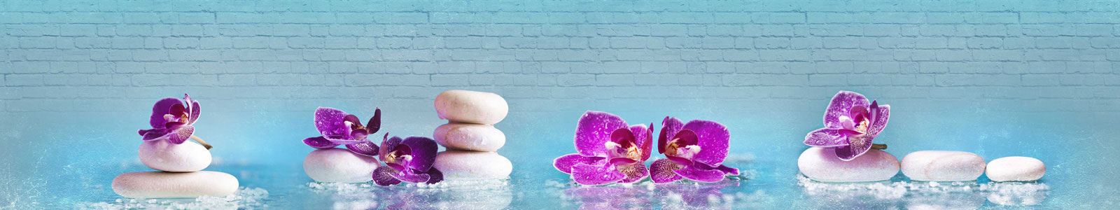 №4637 - Яркие орхидеи с камушками на бирюзовом кирпичном фоне
