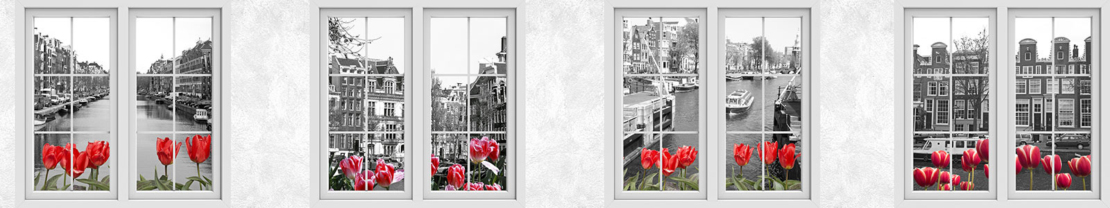 №5212 - Вид из окна на черно-белый Амстердам с красными тюльпанами