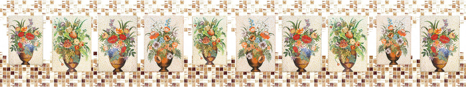 №5584 - Цветы в вазах мозаикой на стене из мелкой плитки