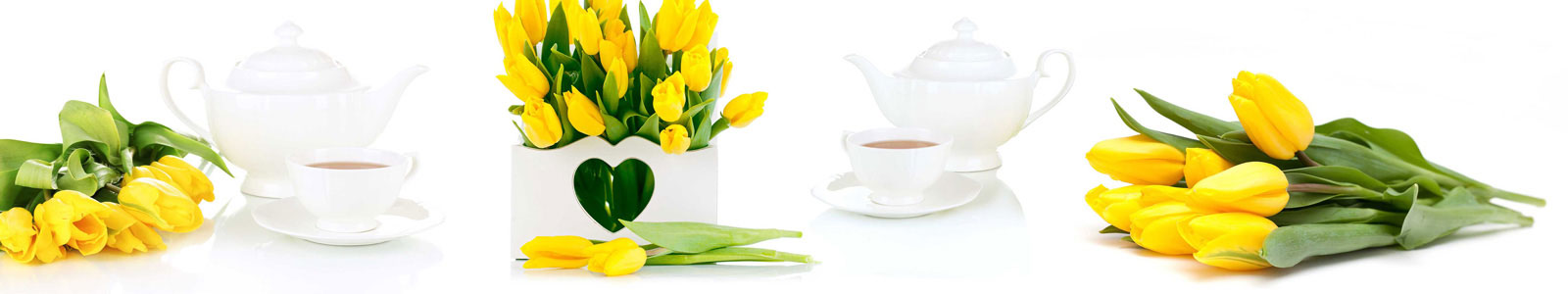 №6116 - Свежие тюльпаны с чаем на белом фоне